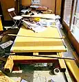 A tatami mat to be repaired on the workbench