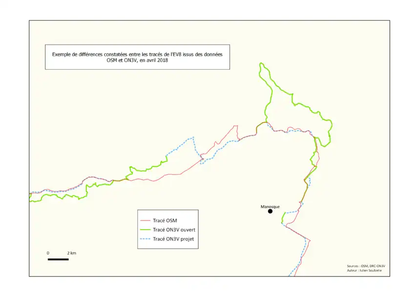 Carte des différences entre les tracés OSM et les tracés ON3V
