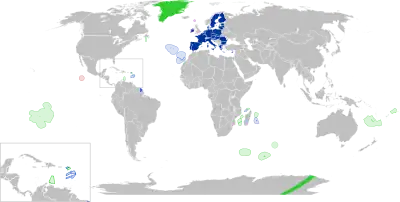 Special member state territories, coloured according to status in the EU (outermost regions in blue, overseas countries and territories in green).