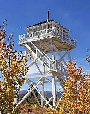 A medium-size one-room structure atop a tall wooden scaffold