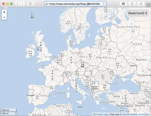 Europe with placenames in Japanese by Wikimedia.
