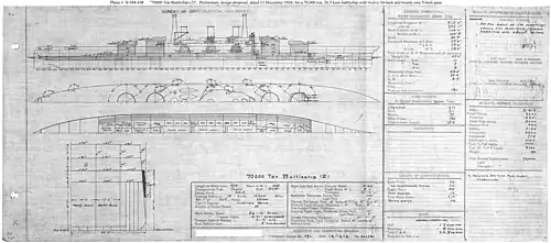 A preliminary design (no.2) for a 70,000 ton battleship, differing from Design 1 in having 24 16-inch guns in 4 sextuple turrets in exchange for reduced armor