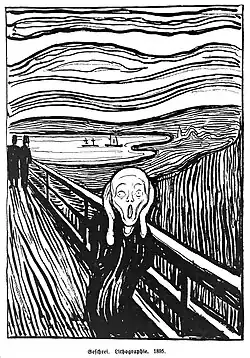 1895, lithograph print. About 45 prints were made before the printer re-used the lithograph stone. A few were hand-coloured by Munch.