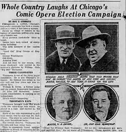 Headline to a news story an pictorial reads "Whole Country Laughs at Chicago's Comic Opera Election Campaign"