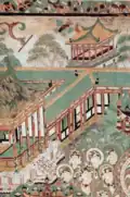 Example of Tang dynasty decorative motifs on architecture, from mural of Mogao Caves.