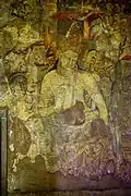 Bodhisattva Padmapani; c. 450–490; pigments on rock; height: c. 1.2&nbsp;m; Ajanta Caves (India)[92]