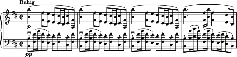 { \new PianoStaff <<
\new Staff \relative b' { \set Score.tempoHideNote = ##t \tempo "Ruhig" 2 = 48 \set Staff.midiInstrument = #"piano" \key b \minor \clef treble \time 2/2
<b b'>4 \p ( <fis fis'>8 <e e'>8 <d d'>8 <cis cis'>16 <b b'>16 <cis
cis'>8 <fis, fis'>8 ) \noBreak | % 2
<b' b'>4 ( <fis fis'>8 <e e'>8 <d d'>8 <cis cis'>16 <b b'>16 <cis
cis'>8 <fis, fis'>8 ) \noBreak | % 3
<b' b'>4 ( <fis fis'>8 <e e'>8 <d d'>8 <cis cis'>16 <b b'>16 <cis
cis'>8 <fis, fis'>8 ) \noBreak | % 4
<b' b'>4. ( <fis fis'>16 <b b'>16 <fis fis'>4 <d d'>8 <b b'>8 ) }
\new Staff \relative b, { \set Staff.midiInstrument = #"piano" \key b \minor \clef bass \time 2/2
<b b'>8 \pp -! \downbow <fis'
fis'>16 ( <b b'>16 <fis fis'>8 -. <e e'>8 ) -. <d d'>8 -. <fis
fis'>8 -. <cis cis'>8 -. <fis fis'>8 -. | % 2
<b, b'>8 -! \downbow <fis' fis'>16 ( <b b'>16 <fis fis'>8 -. <e e'>8
) -. <d d'>8 -. <fis fis'>8 -. <cis cis'>8 -. <fis fis'>8 -. | % 3
<b, b'>8 -! \downbow <fis' fis'>16 ( <b b'>16 <fis fis'>8 -. <e e'>8
) -. <d d'>8 -. <fis fis'>8 -. <cis cis'>8 -. <fis fis'>8 -. | % 4
<b, b'>8 -! <b' b'>16 ( <d d'>16 <b b'>8 ) -! <fis fis'>16 ( <b b'>16
<fis fis'>8 ) -! <e e'>16 ( <fis fis'>16 <d d'>8 -! <b b'>8 ) -! }
>> }