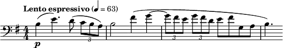 \relative c' { \clef bass \key e \minor \numericTimeSignature \time 4/4 \tempo "Lento espressivo" 4 = 63 b\p( e4.) d8( \times 2/3 { c b a) } | b2 fis'4( g~ | \times 2/3 { g8 fis e } \times 2/3 { g fis d } e fis g, a | b4.) }