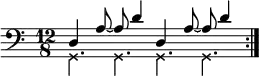\new Staff <<
\new voice \relative c {
\set Staff.midiInstrument = #"acoustic bass"
\set Score.tempoHideNote = ##t \tempo 4 = 105
\time 12/8
\clef bass
\stemUp \repeat volta 2 { d4 a'8~ a d4 d,4 a'8~ a d4 }
}
\new voice \relative c {
\override NoteHead.style = #'cross
\stemDown \repeat volta 2 { g4. g g g }
}
>>