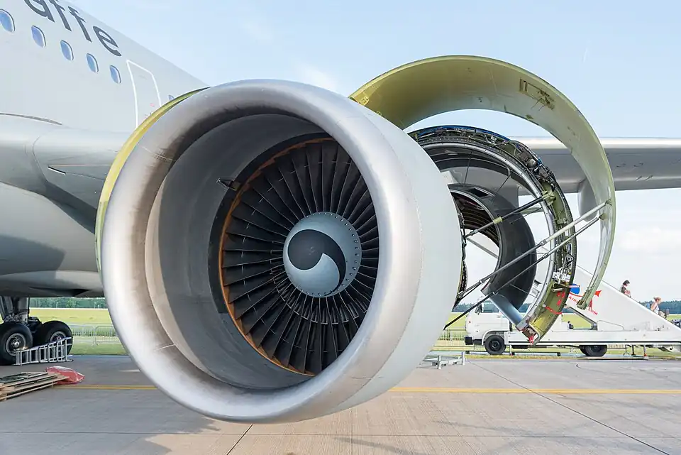 Turbofan (CF-6) inlet and fan. The core flow area, 1/6th, is visible through the fan. A comparison of how effective the subsonic inlet is at compressing air compared with the fan is given by inlet ram and fan temperature rises for a CFM56 of about 30 and 40&nbsp;°F at 0.85&nbsp;Mn cruise.[3] Temperature rise is connected to pressure rise by the losses incurred in the way the compression is achieved and all three are visually apparent on a T~s diagram.