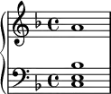 \new PianoStaff <<
\new Staff { \key f \major a'1 }
\new Staff { \key f \major \clef bass <c e bes> }
>>