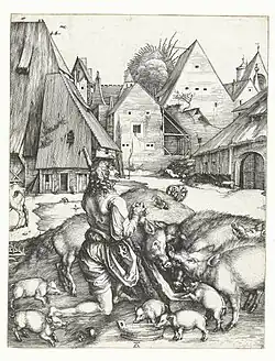 The Prodigal Son (1496), copper engraving, 24.7&nbsp;×&nbsp;19.1&nbsp;cm (Rijksmuseum, Amsterdam)