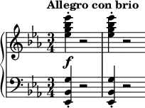 {
\new PianoStaff <<
\new Staff << \relative c'' {
\clef treble
\key ees \major
\time 3/4
\tempo "Allegro con brio" \tempo 2 = 80
<ees g bes ees>4-.(_\f r2 q4-. r2 \bar "" } >>
\new Staff << \relative c {
\clef bass
\key ees \major
\time 3/4
<ees, bes' g'>4-. r2 q4-. r2 \bar "" } >>
>>
}