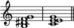 {
\override Score.TimeSignature #'stencil = ##f
\relative c' {
\clef treble
\time 4/4
\key c \major
<b dis f g>1 <c e e g> \bar "||"
} }