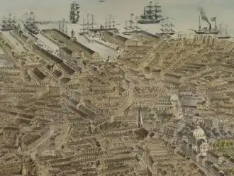 Overview of Boston's Financial District and harbor, showing the Custom House, next to State Street Block (Boston), between Long Wharf and India Wharf, 1870
