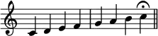 {
\new Staff \with { \remove "Time_signature_engraver" }
\relative c'{ c d e f g a b c\fermata \bar "||" }
}