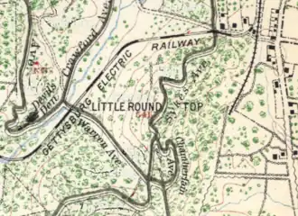 Devil's Den (left) is across Sickles Av & Plum Run from the trolley railbed.