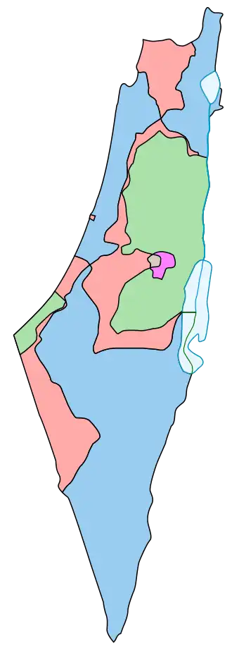Map comparing the borders of the 1947 partition plan and the Armistice Demarcation Lines of 1949.