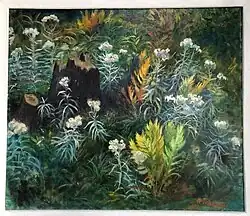 Tree Stump and Wild Flowers by Roswell Weidner, 1965, oil on canvas.