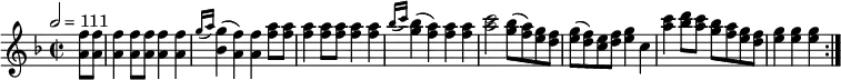 \relative c'' {
\set Staff.midiInstrument = #"piano"
\tempo 2 = 111
\key f \major
\time 2/2
\repeat volta 2 { \partial 4 <a f'>8 <a f'> <a f'>4 <a f'>8 <a f'> <a f'>4 <a f'> \grace { g'16( a16) } <bes, g'>4( <a f'>) <a f'>
<f' a>8 <f a> <f a>4 <f a>8 <f a> <f a>4 <f a> \grace { bes16( c16) } <g bes>4( <f a>4) <f a> <f a> <a c>2 <g bes>8( <f a>) <e g> <d f>
<e g>( <d f>) <c e> <d f> <e g>4 c <a' c> <bes d>8 <a c> <g bes> <f a> <e g> <d f> <e g>4 <e g> <e g> }
}