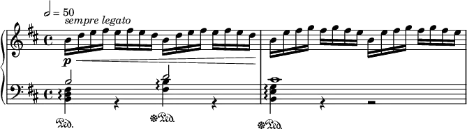 \new PianoStaff <<
\new Staff {
\time 4/4
\tempo 2=50
\clef treble
\key b \minor
\relative c'' {
% funky repeat necessitated by the markup
b16^\markup { \italic "sempre legato" }
\repeat unfold 2 { d e fis e fis e d }
\alternative { { b } { } } |
\repeat unfold 2 { b e fis g fis g fis e } |
}
}
\new Dynamics { s1\p\< | s1\! | }
\new Staff {
\clef bass
\key b \minor
<<
\relative c' {
\voiceOne
b2\sustainOn d\sustainOff\sustainOn |
cis1\sustainOff\sustainOn |
}
\new Voice {
\voiceTwo
\chordmode {
b,,4:m\arpeggio r
<fis b>4\arpeggio r
e,:m/b\arpeggio r r2 |
}
}
>>
}
>>