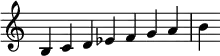 {
\override Score.TimeSignature #'stencil = ##f
\relative c' {
\clef treble
\time 7/4 b4 c d es f g a b
} }