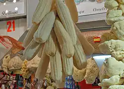 Sponges made of sponge gourd for sale alongside sponges of animal origin, Spice Bazaar, Istanbul