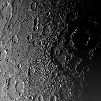 Vivaldi is the large, shadow-filled, double ringed crater to the upper right. From MESSENGER's first flyby in January 2008.