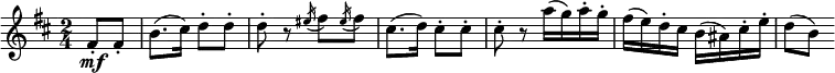 \relative fis' {
\key b \minor \time 2/4
\partial 4 fis8-. \mf fis-. | b8.( cis16) d8-. d-.
d8-. r \acciaccatura eis16 fis8 \acciaccatura eis16 fis8
cis8.( d16) cis8-. cis-. | cis8-. r a'16( g) a-. g-.
fis16( e) d-. cis b( ais) cis-. e-. | d8( b)
}