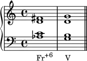 {
\new PianoStaff <<
\new Staff <<
\relative c' {
\clef treble \key c \major \time 4/4
<d fis>1 <d g>
}
>>
\new Staff <<
\relative c' {
\clef bass \key c \major \time 4/4
<aes c>1_\markup { \concat { "Fr" \raise #1 \small "+6" \hspace #3.7 "V" } }
<g b> \bar "||"
}
>>
>> }