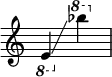 {
\override Score.SpacingSpanner.strict-note-spacing = ##t
\set Score.proportionalNotationDuration = #(ly:make-moment 1/8)
\override Score.TimeSignature #'stencil = ##f
\relative c {
\time 2/4
\ottava #-1 e4 \glissando
\ottava #1 bes''''
}
}