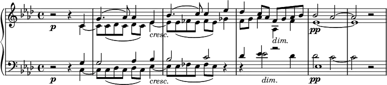 { \new PianoStaff <<
\new Staff <<
\new Voice \relative c' { \set Score.tempoHideNote = ##t \tempo 4 = 40
\clef "treble" \key aes \major \set Staff.midiInstrument = #"piano" \time 4/4 | % 1
r2 \p r4 \stemUp c4 | % 2
g'4. ^( as8 ) as4 es4 _\markup{ \italic {cresc.} } | % 3
bes'4. ^( c8 ) c4 es4 | % 4
des4 c8 as8 f8 _\markup{ \italic {dim.} } g8 as8 bes8 | % 5
bes2 \pp as2 ^~ | % 6
as2 r2 }
\relative c' {
\clef "treble" \key as \major \time 4/4 | % 1
\stemDown s2 s4 c4 _~ | % 2
c8 c8 _( des8 c8 des8 c8 ) es4 _~ | % 3
es8 es8 _( fes8 es8 fes8 es8 ) ges4 | % 4
f8 g8 as4 as,4 f'4 | % 5
es1 _~ | % 6
es1 } >>
\new Staff <<
\new Voice \relative c { \set Staff.midiInstrument = #"piano"
\clef "bass" \key aes \major \time 4/4
r2 \p r4 \stemDown c4 _~ | % 2
c8 c8 _( des8 c8 des8 c8 ) es4 _\markup{ \italic {cresc.} } _~ | % 3
es8 es8 _( fes8 es8 fes8 es8 ) r4 | % 4
r4 es'2 _\markup{ \italic {dim.} } des4 | % 5
des2 \pp c2 _~ | % 6
c2 r2 }
\relative g {
\clef "bass" \key as \major \time 4/4 s2 s4 \stemUp g4 | % 2
g2 as4 bes4 | % 3
bes2 c2 | % 4
des4 es4 r2 | % 5
es,1 } >>
>> }