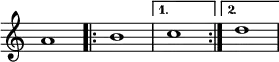 {
\override Score.TimeSignature #'stencil = ##f
{
\relative c'' {
\time 4/4
a1
\repeat volta 2 { b1 }
\alternative { { c } { d } }
}
} }