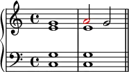 \new PianoStaff <<
\new Staff <<
\new Voice \relative c'' {
\clef treble \key c \major \time 4/4
\stemUp g1 \once \override NoteHead.color = #red a2 g
}
\new Voice \relative c' {
\stemDown e1 e
}
>>
\new Staff <<
\relative c {
\clef bass \key c \major \time 4/4
<c g'>1 <c g'> \bar "||"
}
>>
>>