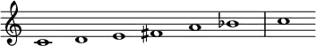 {
\override Score.TimeSignature #'stencil = ##f
\set Score.tempoHideNote = ##t
\tempo 1 = 120
\relative c' {
\cadenzaOn
c1 d e fis a bes \bar "|" c
} }