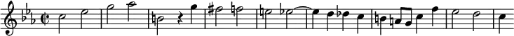 \relative c'{
\clef treble
\key c \minor
\time 2/2
\set Staff.midiInstrument = "harpsichord"
c'2 ees | % 1
g aes | % 2
b, r4 g' | % 3
fis2 f | % 4
e ees~ | % 5
ees4 d des c | % 6
b a8 g c4 f | % 7
ees2 d \bar "|" | % 8
c4
}