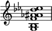 {
\override Score.TimeSignature #'stencil = ##f
\relative c' {
\clef treble
\time 4/4
\key c \major
\textLengthOn
<g b f' aes ais des es>1
} }