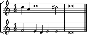 { << \new StaffGroup <<
\new Staff <<
\set Staff.midiInstrument = #"voice oohs"
\clef treble \time 4/2
\relative c'' {
\clef treble \time 4/2
c4 a d1 cis2 d\breve
}
>>
\new Staff <<
\set Staff.midiInstrument = #"voice oohs"
\clef treble \time 4/2
\new Voice \relative c' {
f2 e4 d e2 e d\breve \bar "|."
}
>>
>>
>> }