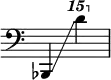 {
\override Score.SpacingSpanner.strict-note-spacing = ##t
\set Score.proportionalNotationDuration = #(ly:make-moment 1/8)
\override Score.TimeSignature #'stencil = ##f
\relative c {
\time 2/4
\clef bass
\ottava #0 bes,4 \glissando \ottava #2 d''''
}
}