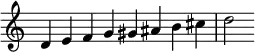 {
\override Score.TimeSignature #'stencil = ##f
\relative c' {
\clef treble \key c \major \time 8/4
d4 e f g gis ais b cis d2
} }