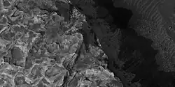 Layered features, as seen by HiRISE under HiWish program Light-toned materials often form on Mars with the aid of water. Gray material in image is probably dark, basalt sand.