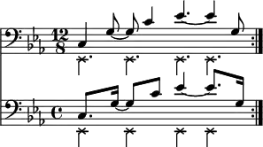 {
\relative c, <<
\new Staff <<
\new voice {
\clef bass \time 12/8 \key c \minor
\set Score.tempoHideNote = ##t \tempo 4 = 100
\stemDown \override NoteHead.style = #'cross \repeat volta 2 { es4. es es es }
}
\new voice {
\set Score.tempoHideNote = ##t \tempo 4 = 100
\time 12/8
\stemUp \repeat volta 2 { c'4 g'8~ g c4 es4.~ es4 g,8 } \bar ":|."
} >>
\new Staff <<
\new voice {
\clef bass \time 12/8 \key c \minor
\set Staff.timeSignatureFraction = 4/4
\scaleDurations 3/2 {
\set Score.tempoHideNote = ##t \tempo 8 = 100
\stemDown \override NoteHead.style = #'cross \repeat volta 2 { es,4 es es es }
}
}
\new voice \relative c' {
\time 12/8
\set Staff.timeSignatureFraction = 4/4
\scaleDurations 3/2 {
\set Score.tempoHideNote = ##t \tempo 4 = 100
\stemUp \repeat volta 2 { c,8. g'16~ g8 c es4~ es8. g,16 } \bar ":|."
}
} >>
>> }