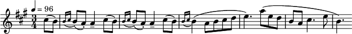 \transpose c a {
\relative c' { \set Staff.midiInstrument = #"clarinet"
\tempo 4 = 96
\key c \major
\time 3/4
\partial4 e8( d) \acciaccatura { d16 e } d8( c-.) c4-- e8( d) \acciaccatura { d16 e } d8( c-.) c4-- e8( d) \acciaccatura { d16 e } d4( c8 d e f g4.)
c8( g f d c e4. g8 d4.)
}
}