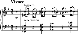 \new PianoStaff <<
\new Staff = "Up" \with { \magnifyStaff #3/4 } <<
\new Voice \relative c' {
\clef treble
\tempo "Vivace"
\set Score.tempoHideNote = ##t \tempo 4 = 184
\key e \minor
\time 3/4
\partial 4
b'4 \p <dis, b'>16^\markup{\italic leggiero} (e8.) <fis e'>16 (g8.) <ais g'>16 (b8.) <b g'>16 (a!8.) <gis fis'>16 (a8.) <c a'>16 (b8.)
}
>>
\new Staff = "Down" \with { \magnifyStaff #3/4 } <<
\new Voice \relative c{
\clef bass
\key e \minor
r4 <e, b' g'>^\markup{\italic scherzando} \arpeggio r <g e' b'> \arpeggio <a e' c'> \arpeggio r <c a' e'> \arpeggio
}
>>
>>