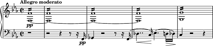 \relative c {
\new PianoStaff <<
\new Staff <<
\set Staff.midiInstrument = #"piano" \key c \minor \clef treble \time 2/2 \set Score.tempoHideNote = ##t \tempo "Allegro moderato" 2 = 55
\new Voice {
f'1:16 \pp |
f1:16 |
f1:16 |
f1:16 |
g1:16 |
}
\new Voice {
f,1 ~ |
f ~ |
f ~ |
f |
g |
}
>>
\new Staff {
\clef bass \key c \minor
r1 |
r2 r4 r8 r16 f,16 \pp |
ges4 r2 r8 r16 f16 (|
des'4.. \< c16) \! es4. (d16 \> des16 ) |
c4 \! r2 r4 |
}
>>
}