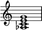 {
\override Score.TimeSignature #'stencil = ##f
\relative c' {
\clef treble
\time 4/4
\key c \major
<as c e g>1
} }
