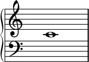 \new GrandStaff <<
\time 5/4
\new Staff \with { \remove "Time_signature_engraver" \magnifyStaff 1.5 } { s4 c'1 }
\new Staff \with { \remove "Time_signature_engraver" \magnifyStaff 1.5 \clef bass } { s4 s1 } >>
