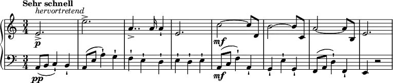 { \new PianoStaff <<
\new Staff \relative e' { \set Staff.midiInstrument = #"piano" \key a \minor \clef treble \time 3/4 \set Score.tempoHideNote = ##t \tempo "Sehr schnell" 4 = 240
e2. \p ^\markup{
\italic
{hervortretend}
} -> | % 6
e'2. -> | % 7
a,4.. -> a16 a4 -! | % 8
e2. | % 9
c'2 \mf ~ c8 d,8 | \barNumberCheck #10
b'2 ~ b8 c,8 | % 11
a'2 ~ a8 b,8 | % 12
e2.
}
\new Staff \relative a, { \set Staff.midiInstrument = #"piano" \key a \minor \clef bass \time 3/4
a8 \pp ( b8 c4 ) -! b4 -! | % 6
a8 ( e'8 a4 ) -! g4 -! | % 7
f4 -! e4 -! d4 -! | % 8
e4 -! d4 -! e4 -! | % 9
a,8\mf ( c8 f4 ) -! a,4 -! | \barNumberCheck #10
g4 -! e'4 -! g,4 -! | % 11
f8 ( a8 d4 ) -! f,4 -! | % 12
e4 r2 }
>> }