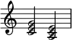 {
\override Score.TimeSignature #'stencil = ##f
\relative c' {
\clef treble \time 4/4
<c e g>2 <a c e>
} }