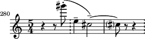 \relative c'''' {
\set Score.tempoHideNote = ##t
\tempo 4 = 144
\set Score.currentBarNumber = #280
\bar ""
\set Staff.midiInstrument = #"flute"
\time 5/4 r r8 gis8-.( \bar "!"
e,4-- cis2--)~ cis?8 r8 r4 \bar "!"
}